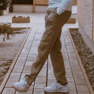 Slim Fit Linen Trousers - Beige