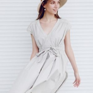 Light Grey Summer Midi Dress with Waist Tie