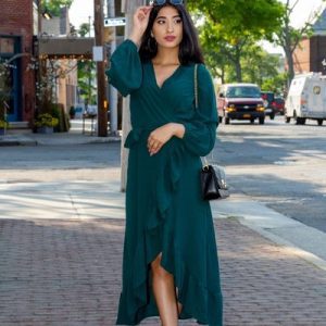 Forest Green Wrap Ruffle Dress