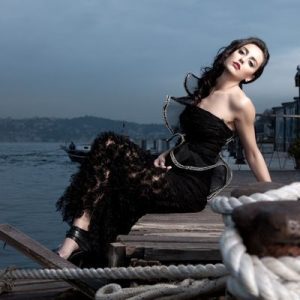 Black Strapless Evening Gown with Texture