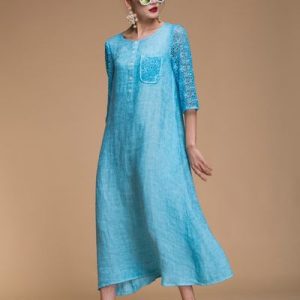 Sky Blue Embroidered Linen Dress
